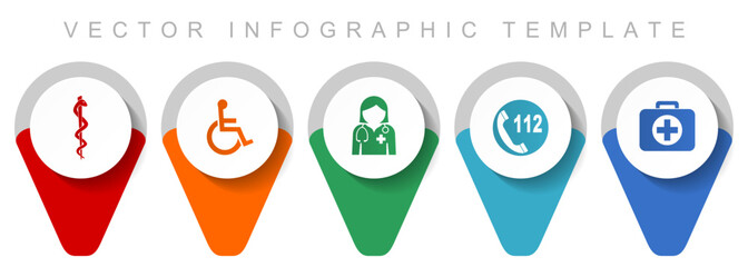Aufkleber - Healthcare pointer collection, miscellaneous icons such as cadyceus, first aid, doctor, emergency call and wheelchair, flat design vector infographic template in eps 10