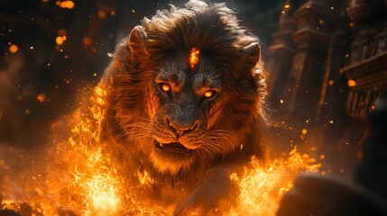 Poster - Fierce lion emerges from swirling fire glowing embers in its fur and a molten lava stripe Behind it ancient temple ruins with overgrown moss and detailed hieroglyphics set the scene