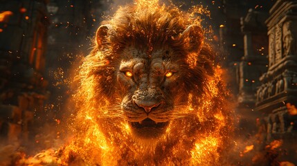 Poster - Fierce lion emerges from swirling fire glowing embers in its fur and a molten lava stripe Behind it ancient temple ruins with overgrown moss and detailed hieroglyphics set the scene