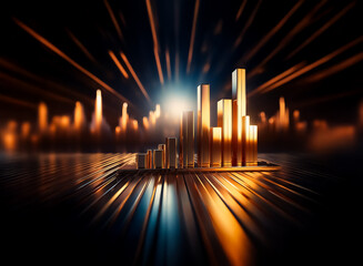 Poster - Golden bars form an upward trending graph, set against a dark, dynamic background with radiating light streaks.  The scene evokes feelings of success and growth.