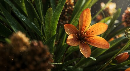 Wall Mural - Vibrant Botanical Orange Lily Flower with Dew on Blurred Garden Foliage Background