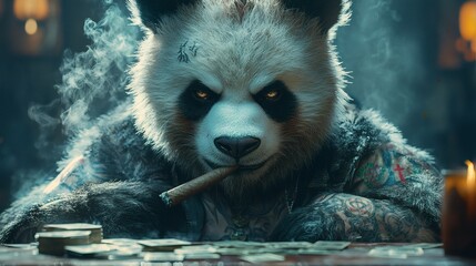 Fototapete - Fierce panda with punk hair tattoos and a cigar sits in the shadows illuminated by soft lowangle light Smoke drifts and a table of money rests before it A macrodetailed intense shot