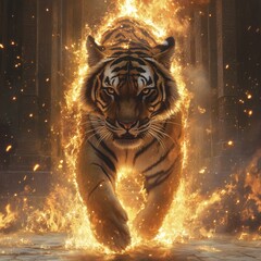 Poster - Fierce tiger bursts through a wall of flames its body adorned with glowing embers One stripe glows like lava while ancient temple ruins with moss and hieroglyphics create a mystical backdrop