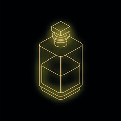 Poster - Glowing yellow neon isometric perfume bottle on a black background, representing luxury, fragrance, and elegance