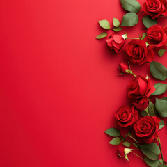 Wall Mural - Beautiful red roses arranged on vibrant red background, perfect for romantic occasions and celebrations. lush greenery complements flowers, creating stunning visual