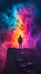 Poster - Figure stands on ancient castle walls sending vibrant clouds of colored mist into the air The swirling hues illuminate the dark surroundings casting mysterious shadows on the castle stones