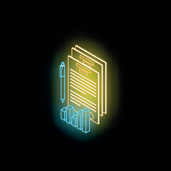 Poster - Neon yellow documents with pen and growing blue bar graph symbolizing business analysis on black background