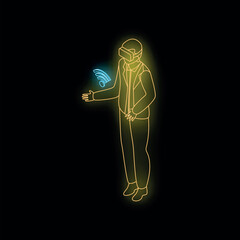 Poster - Neon isometric illustration of a businessman wearing virtual reality headset using wireless internet connection