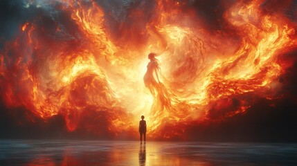 Poster - Fullbody 3D cinematic view of a painter in action splashing paint onto a wall dynamically creating the shape of a woman with swirling colors illuminated by glowing highlights in a dark atmosphere