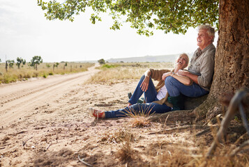 Poster - Laugh, senior couple and together on farm, outdoor and tree in countryside for relaxing and bonding. Mature man, woman and farmers with smile for retirement, nature or environment for rural land rest