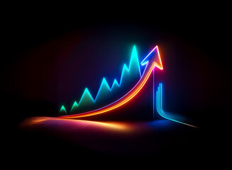 Poster - Vibrant neon arrow and line graph ascend against a dark background, symbolizing growth and progress.  A futuristic representation of upward trajectory and success.