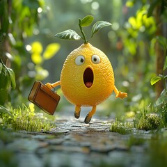 Poster - Funny 3D lemon character with a round yellow body and a shocked expression running frantically through a green forest one leg raised holding a briefcase with a soft blurred background