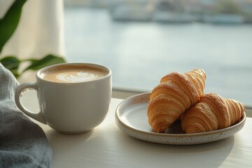 Wall Mural - a cup of hot coffee and a plate with two croissants