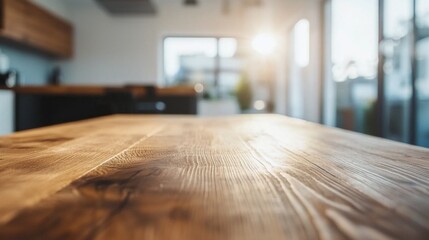 Poster - A warm morning glow fills the contemporary kitchen, highlighting the rich texture of a wooden tabletop. Soft sunlight casts gentle shadows, creating a serene atmosphere perfect for breakfast