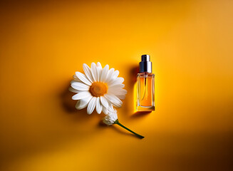 Poster - A single chamomile flower and a bottle of amber perfume rest on a vibrant yellow background, creating a serene and fragrant image.  The lighting emphasizes the perfume's golden hue.