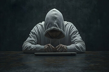 Poster - Hooded man working on laptop, dark room
