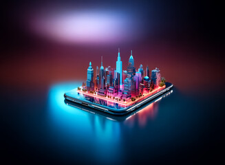 Poster - A vibrant, miniature metropolis glows on a sleek smartphone screen, showcasing a futuristic cityscape bathed in neon light.  The scene is reflected on a dark, glossy surface.