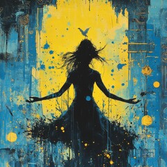 Poster - gothic female figure in a backbend pose enveloped by splashing inkblots of blue and yellow the backg