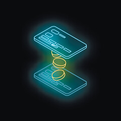 Poster - Futuristic neon credit card generating coins, symbolizing online payment and cashback