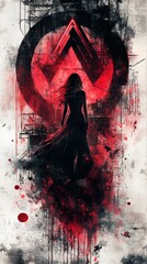 Poster - Gothic female figure in a wheel pose surrounded by dripping and splashing inkblot bubbles in vermillion and dark red A geometric wall with neon symbols and mist creates an abstract masterpiece