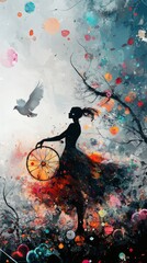 Poster - Gothic woman executing a wheel pose surrounded by vibrant inkblot bubbles and geometric shapes Mist weaves through the scene with a white dove on branches creating an abstract masterpiece