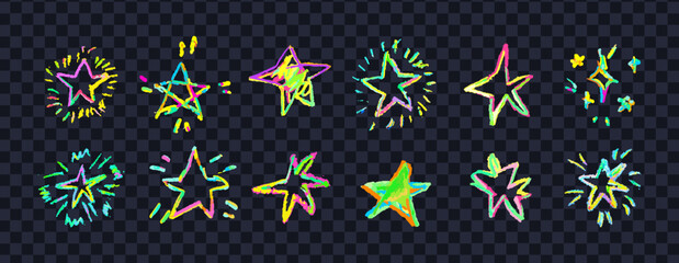 Poster - Set of colorful neon chalk drawing stars. Shine or sparkle doodle collection. Children style rainbow wax pencil handdrawing elements of night sky. Vector crayon scratch grunge texture star shapes