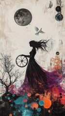 Fototapete - Gothic woman executing a wheel pose surrounded by vibrant inkblot bubbles and geometric shapes Mist weaves through the scene with a white dove on branches creating an abstract masterpiece