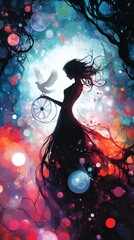 Fototapete - Gothic woman executing a wheel pose surrounded by vibrant inkblot bubbles and geometric shapes Mist weaves through the scene with a white dove on branches creating an abstract masterpiece