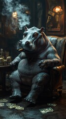 Poster - Gritty hippo sitting on a wornout chair in a dark room a cigar clamped in its mouth smoke swirling Its punk hair and tattoos glow subtly in the low light money stacked on the table