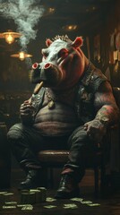 Poster - Gritty hippo sitting on a wornout chair in a dark room a cigar clamped in its mouth smoke swirling Its punk hair and tattoos glow subtly in the low light money stacked on the table