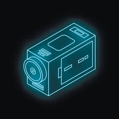 Poster - Futuristic neon video camera glowing on dark background, representing modern videography and filmmaking technology