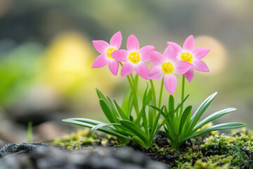 Wall Mural - Beautiful pink flowers blooming on rocky surface, surrounded by green foliage and soft moss, creating serene and vibrant natural scene