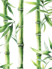 Poster - A watercolor painting depicts several vibrant green bamboo stalks with their accompanying leaves against a black background.