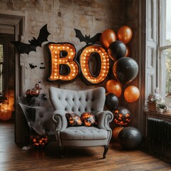 Fototapete - Halloween celebration room featuring bright 'BOO' letters glowing on the wall decorated with bats and cobwebs complemented by a snug grey armchair and black and orange balloons floating around