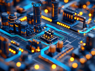 Poster - Futuristic city on circuit board; tech innovation