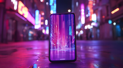 Wall Mural - Neon city street on phone screen at night