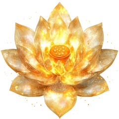 Poster - A digitally painted image depicts a luminous golden lotus flower with intricate details and a cosmic background.