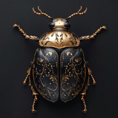 Poster - Highresolution 3D depiction of a black beetle with ornate gold contours all in relief The beetle's intricate details shine brilliantly against a deep black background creating a striking visual impact