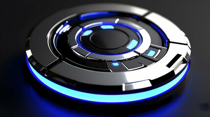 Poster - Futuristic disc device, glowing blue, dark background; tech concept
