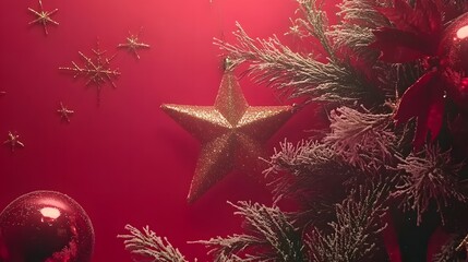 Red Christmas Background with Glittering Star and Ornaments