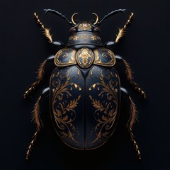 Poster - Highresolution 3D depiction of a black beetle with ornate gold contours all in relief The beetle's intricate details shine brilliantly against a deep black background creating a striking visual impact