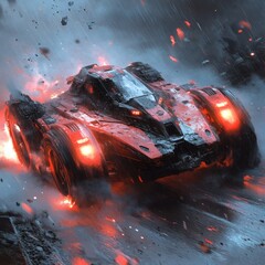 Poster - Hightech vehicle with a bold design in red and black crashing through smoke and debris in a dramatic futuristic environment highlighted by glowing lights and intense lighting effects to enhance motion