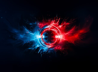 Fototapete - A mesmerizing abstract artwork featuring a vibrant red and blue energy sphere, encircled by dynamic splashes, set against a dark background.  The contrasting colors create a powerful visual impact.