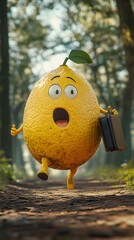 Poster - Humorous 3D scene of a large anthropomorphic lemon with a dimpled yellow body running in a forest wide cartoonish eyes surprised holding a briefcase midstride on a dirt path with blurred trees