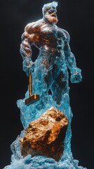 Poster - Hyperdetailed icy monument in blue and red sculpted with the upper body of a muscular man holding a hammer while the lower half remains a rough golden stone set against a dark background