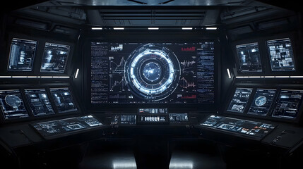 Poster - Futuristic control room displays data; ship bridge background
