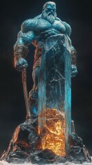 Poster - Hyperdetailed icy monument in blue and red sculpted with the upper body of a muscular man holding a hammer while the lower half remains a rough golden stone set against a dark background
