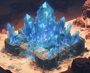 Wall Mural - A sapphire-colored crystal base connected by transport tunnels within a massive crater on a desert planet