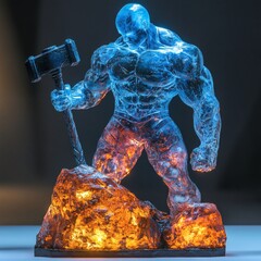 Poster - Hyperdetailed sculpture of an icy monument in blue and red featuring a muscular figure with a hammer The lower portion is a rough golden stone with cinematic low lighting enhancing the details