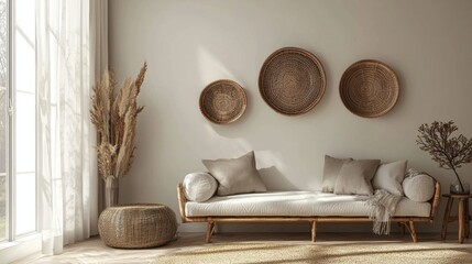 Wall Mural - Woven baskets as wall decor in cozy neutral room